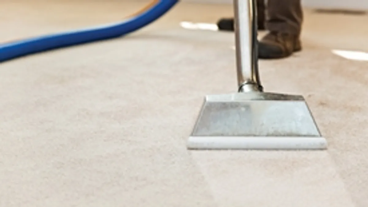 Carpet cleaning wand head gliding over a light carpet during hot-water extraction, Lowell, MA.